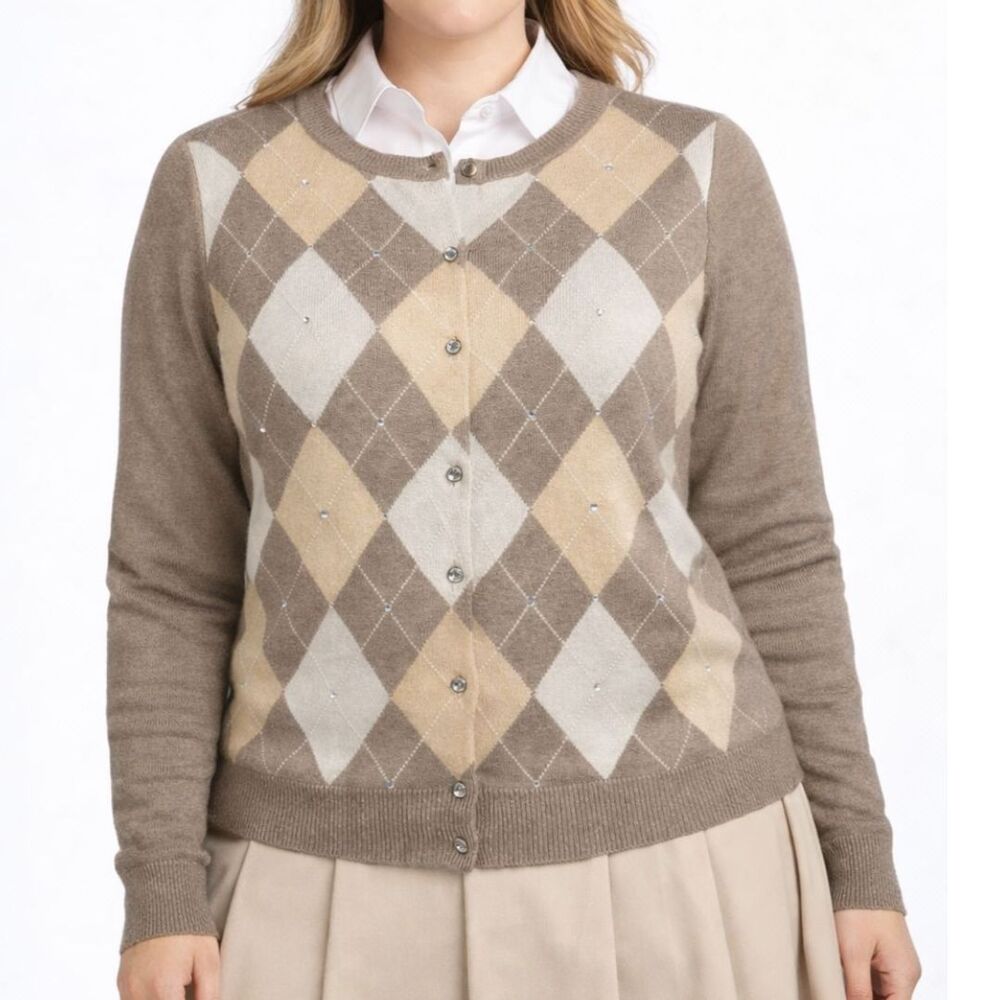 New York & Company Rhinestone Argyle Women’s Large Preppy Cardigan Sweater